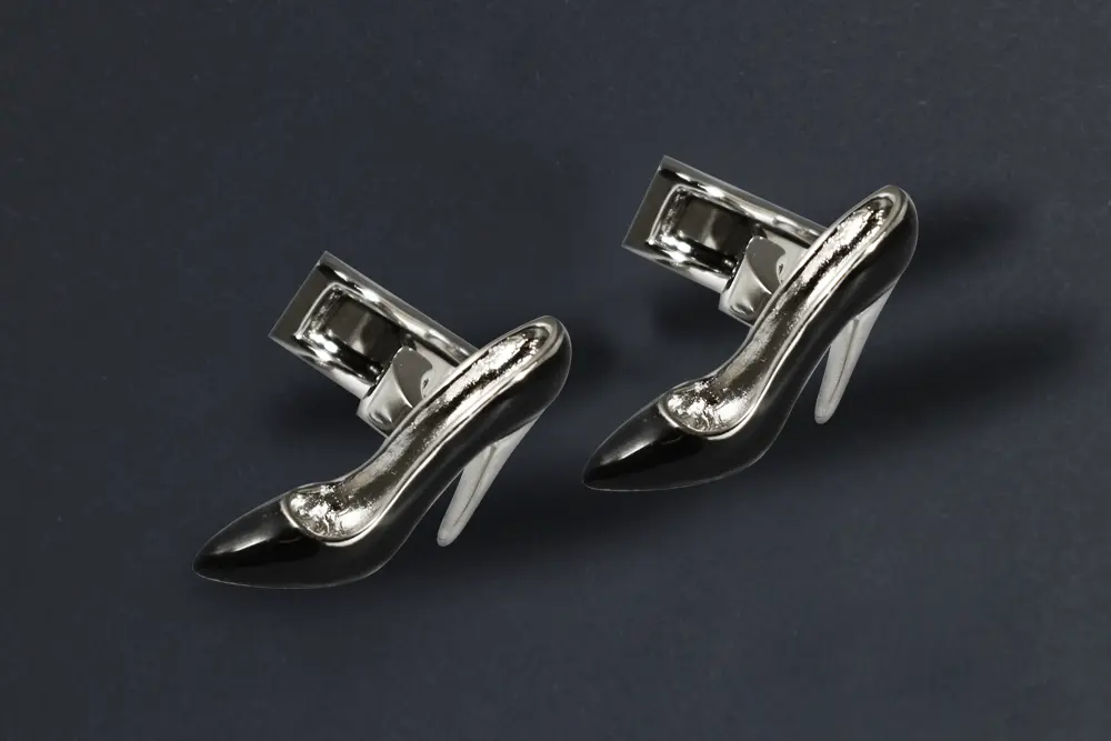 Palladium plated high heel cufflinks with black enamel detailing