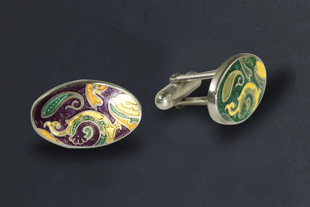 Palladium plated, paisley, oval cufflinks with various enamel tone detailing