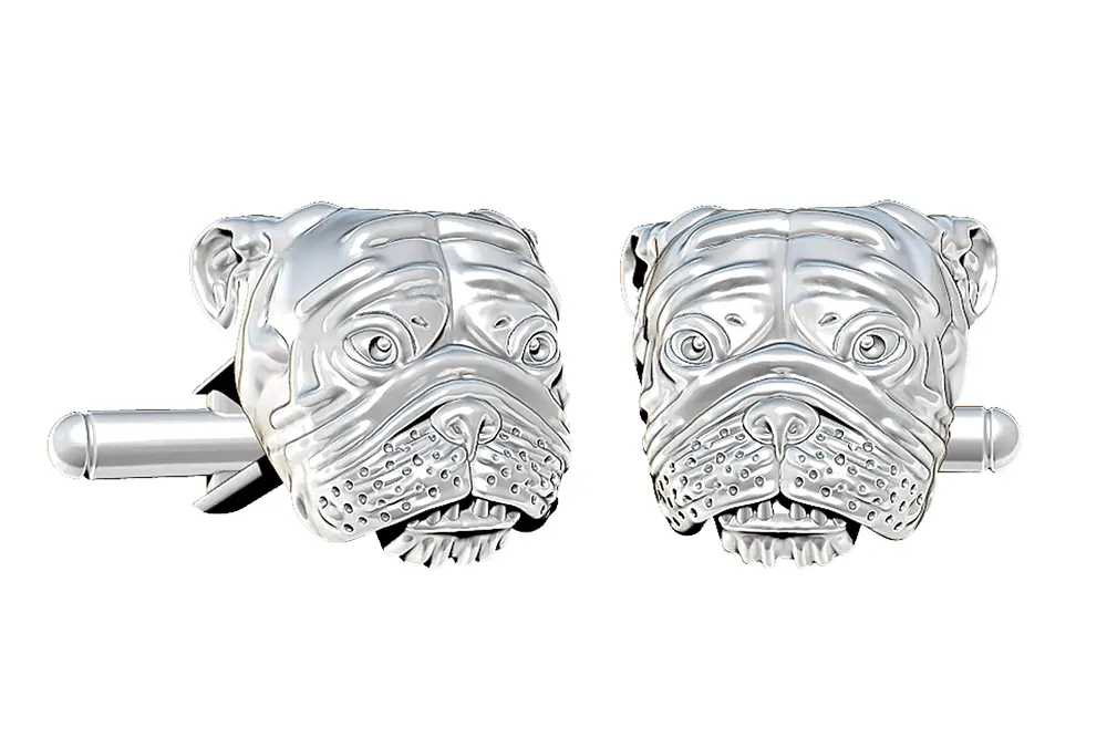 CAD Render of bulldog cufflinks in sterling silver