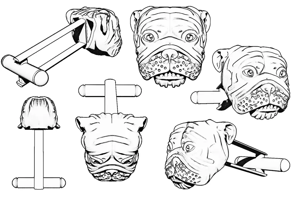 Bulldog cufflink sketches from different viewpoints
