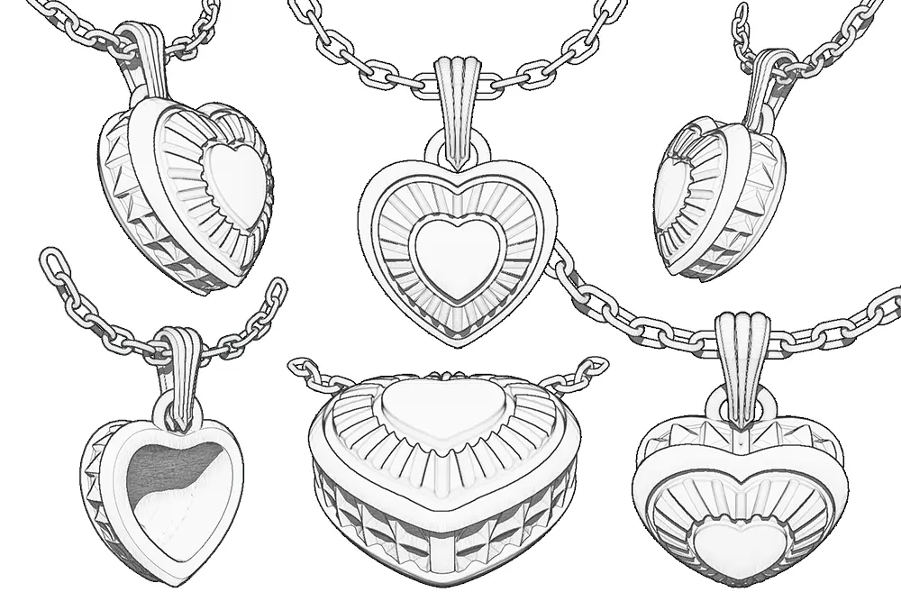 Heart Pendant sketches from different viewpoints