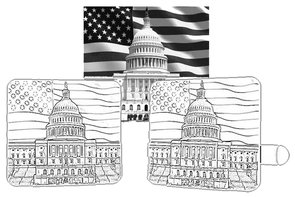 Initial cufflink sketch artwork depicting the Capitol Building Washington DC and the American flag. 