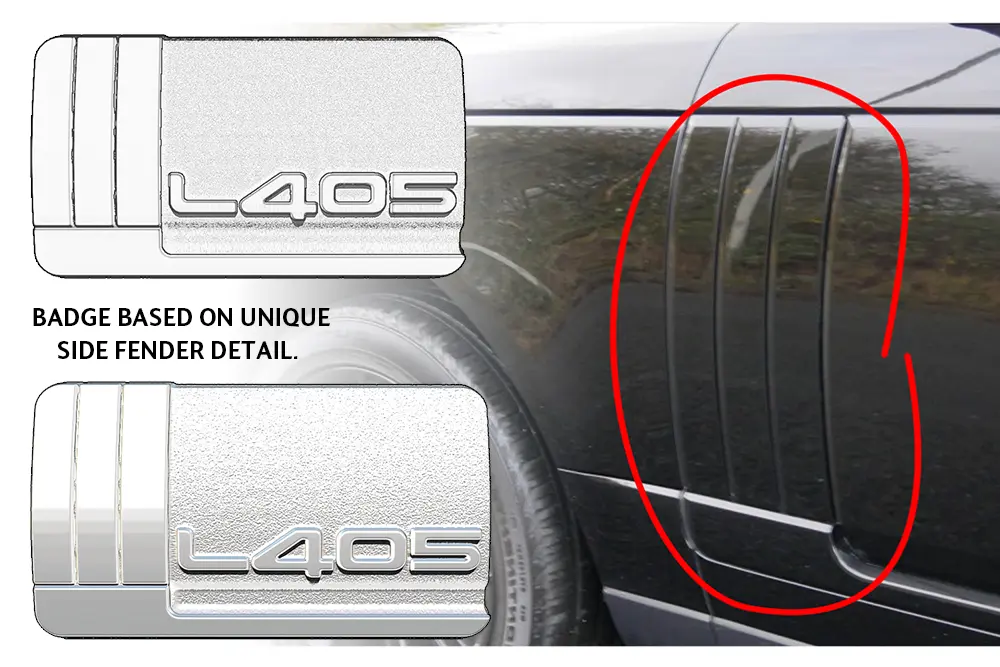 Jaguar Land Rover L405 badge based on the side fender detail of the vehicle