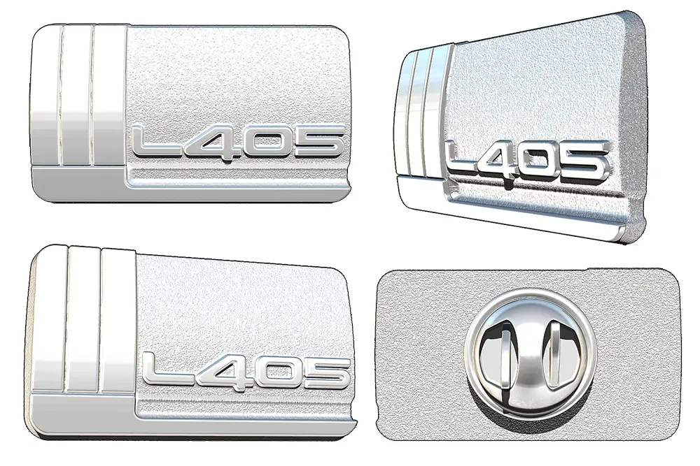 Jaguar Land Rover L405 pin badge with clutch fitting rendered from various different viewpoints in CAD software