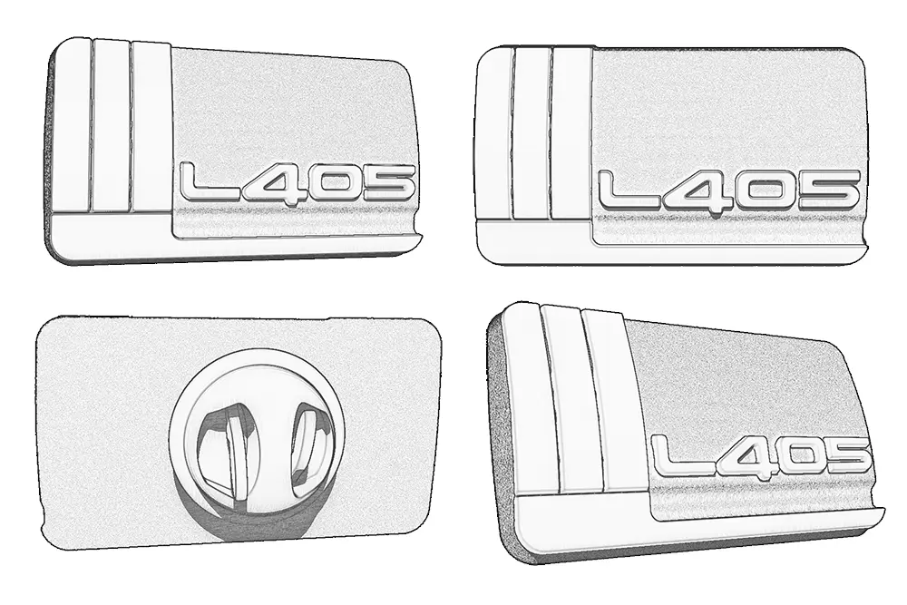 Jaguar Land Rover L405 pin badge with clutch fitting sketched from various different viewpoints