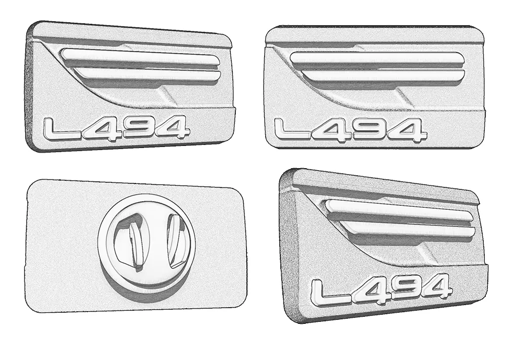 Jaguar Land Rover L494 pin badge with clutch fitting sketched from various different viewpoints