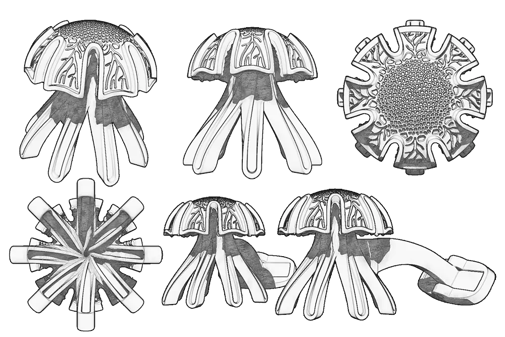 Sketchbook of Jellyfish cufflink ideas displaying various viewing perspectives.