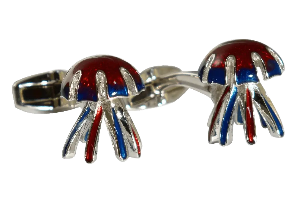 Final manufactured jellyfish cufflink with transparent enamel and whale tail swivel fitting. 