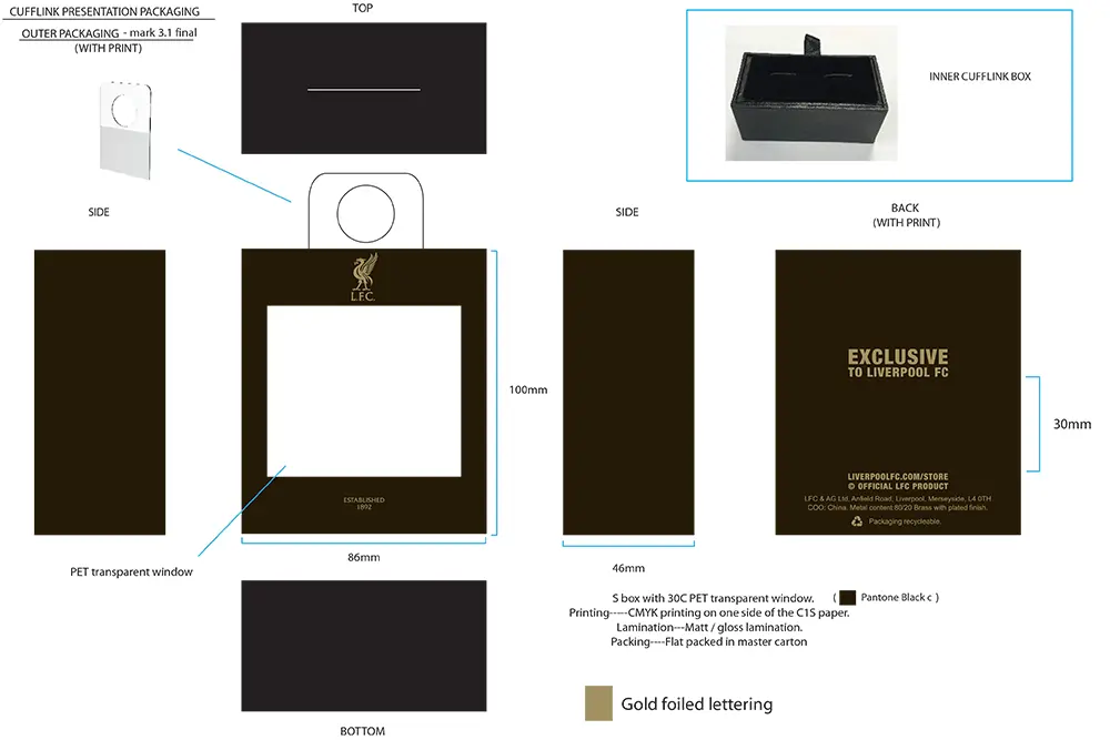 Specification sheet for Liverpool FC cufflink presentation packaging. 