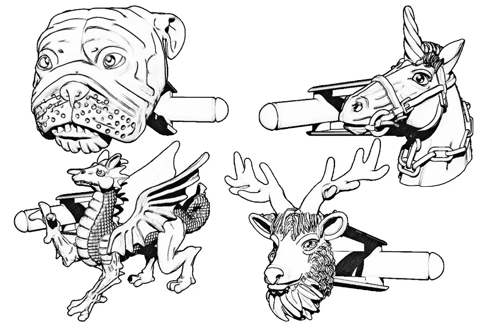 Initial sketches of the English Bulldog cufflink, Scottish Unicorn cufflink, Welsh Dragon cufflink and Irish Stag cufflink.