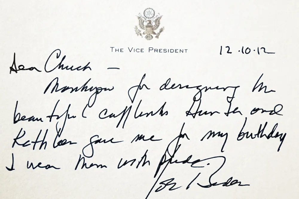 Hand written thank you note bearing the seal of the Vice President's Office.