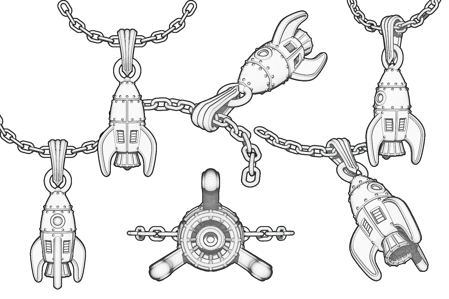 Rocket pendant sketches from different viewpoints