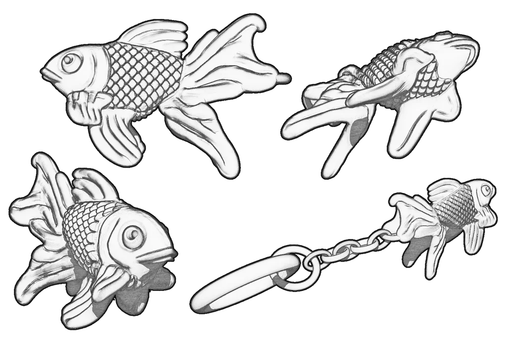 Initial sketches of a fantail goldfish keyring