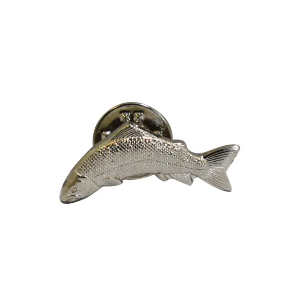 Die stamped, silver-plated 3D Salmon badge.