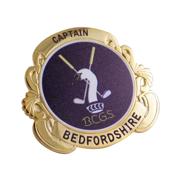 Die stamped, gold plated Bedforshire Golf club badge with enamel inlay and printed logo.