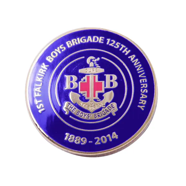 Die stamped, gold-plated badge featuring the Boys Brigade crest with enamel inlay.