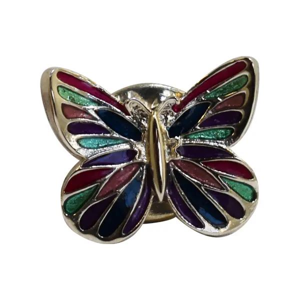 Die cast, silver-plated butterfly pin badge with enamel inlay.