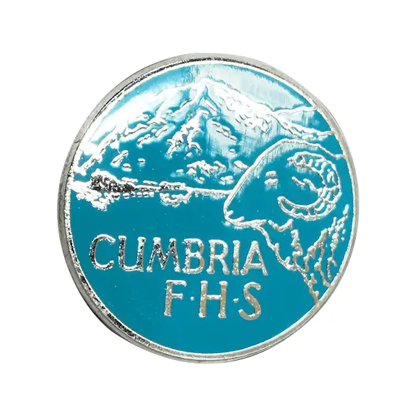 Die stamped, silver-plated Cumbria FHS badge with enamel inlay.