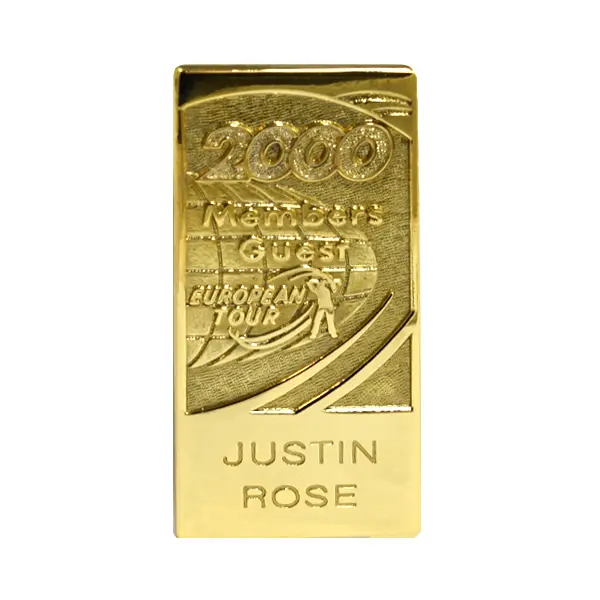 Die stamped, gold-plated European Tour Golf Badge with engraved name.