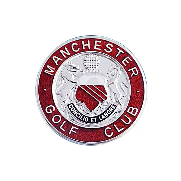 Die stamped, silver plated Manchester Golf club badge with trans enamel inlay.