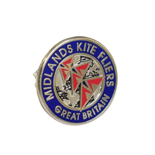 Die stamped, Palladium plated badge with multi enamel inlay, featuring the Midlands Kite Flyers logo. Blue outer ring.