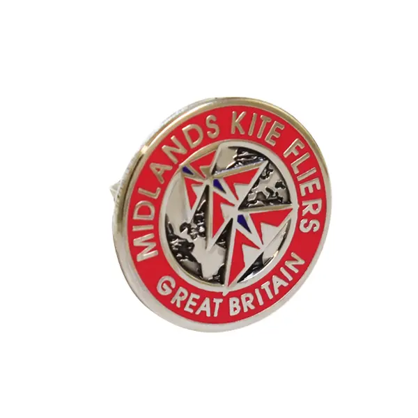 Die stamped, Palladium plated badge with multi enamel inlay, featuring the Midlands Kite Flyers logo. Red outer ring.