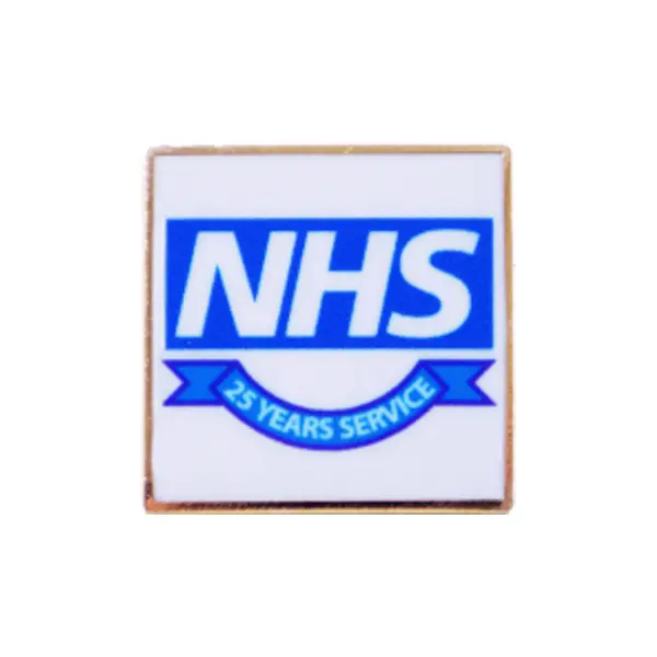 Die stamped, gold plated square Badge with enamel inlay and printed logo.