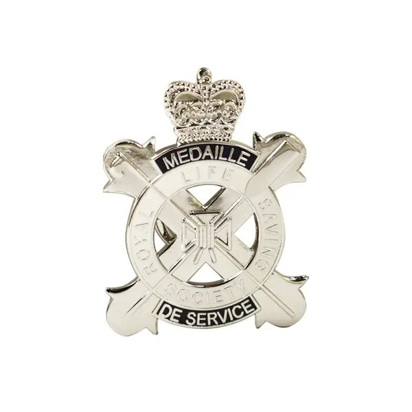 Die stamped, silver plated badge featuring the Royal Life Saving Society logo relief.