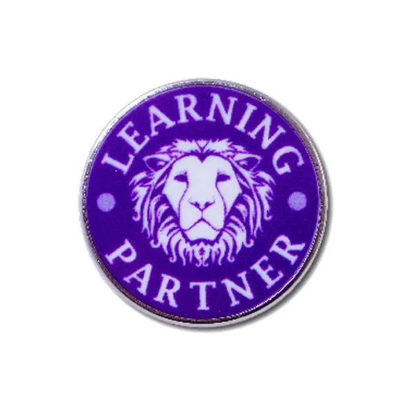 Die stamped, silver plated Badge with enamel inlay and printed logo.