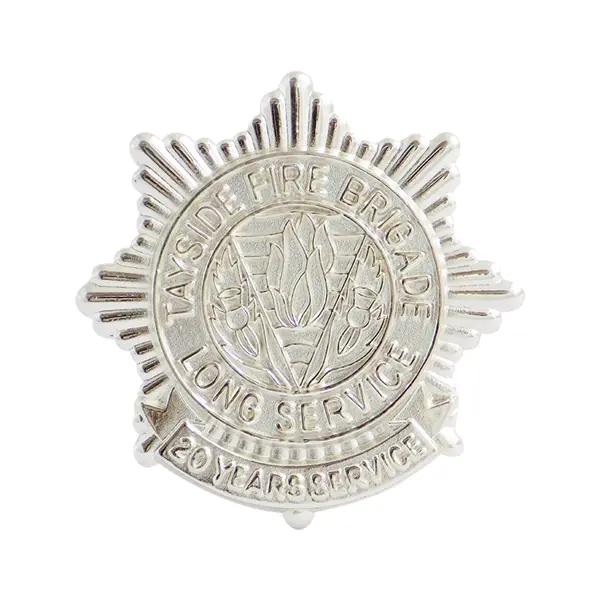 Die stamped, 925 Sterling Silver Tayside Fire Brigade long service badge.