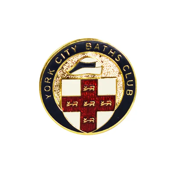 Die stamped, gold plated badge featuring the York City Baths Club logo with enamel inlay.