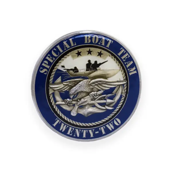 Die cast resin covered badge featuring the insignia of the US Special Boat Team Twenty-Two.