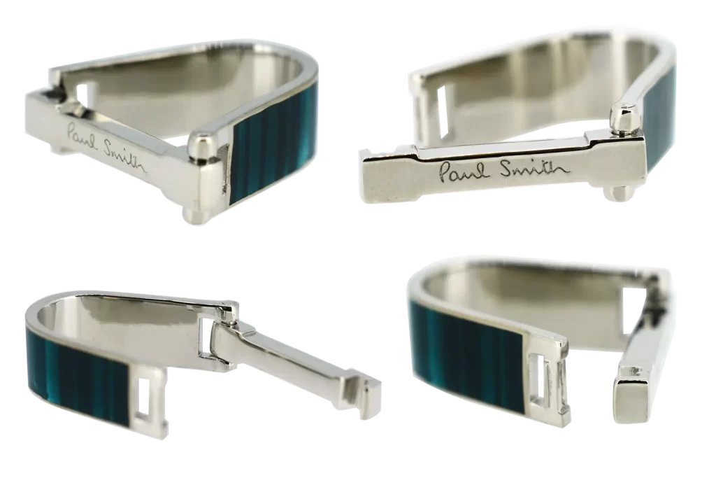 Hinged stirrup cufflinks consist of a curved stirrup with a hinged bar set.