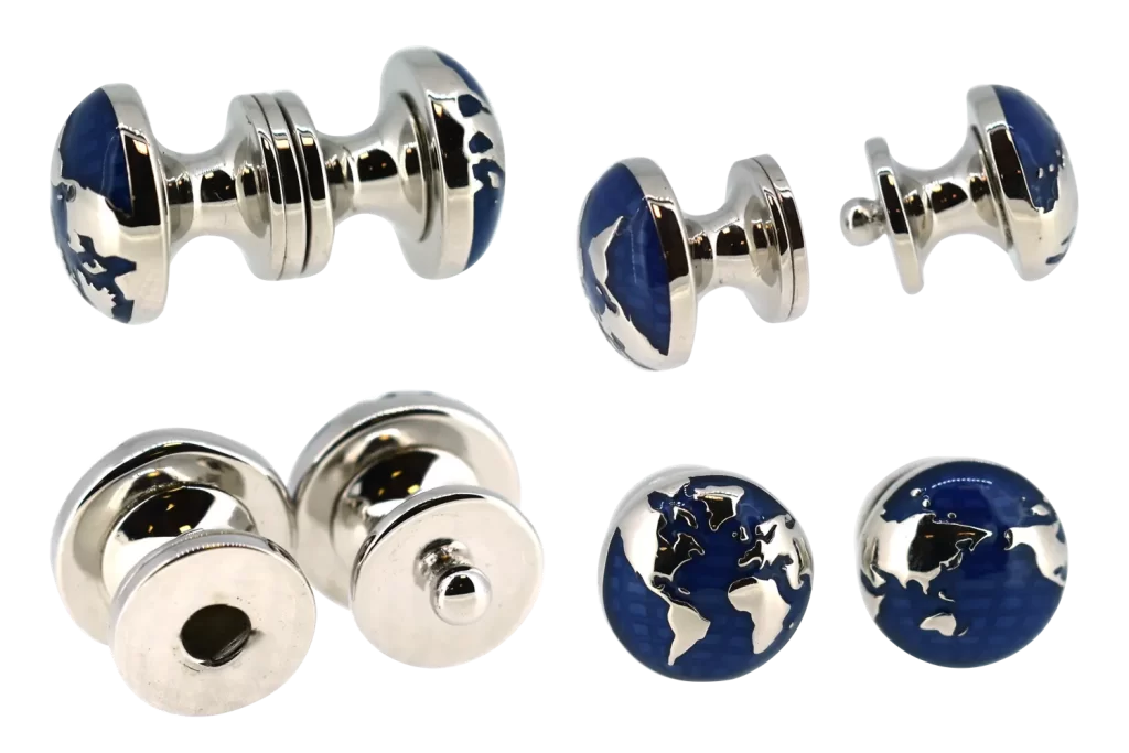 Globe snap cufflinks with navy enamel inlay.