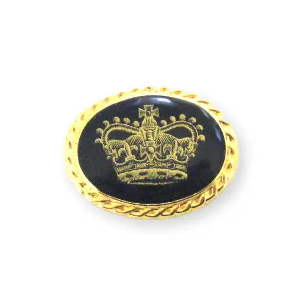 Die stamped, gold plated pin badge with onyx stone inlay and printed crown logo.