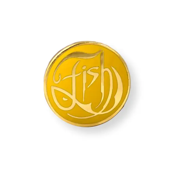 Die stamped, gold plated fish logo pin badge.