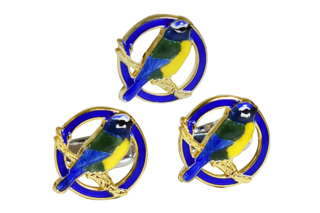 Die stamped, gold plated Blue tit cufflinks and badges.