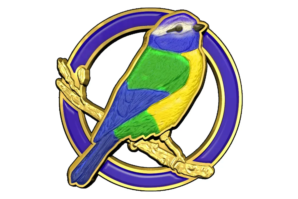 Die stamped, gold plated Blue tit design rendered with multi toned enamel inlay.