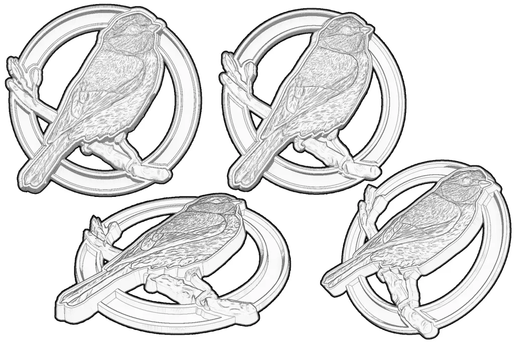 Sketches of the blue tit cufflink / badge from various viewpoints.