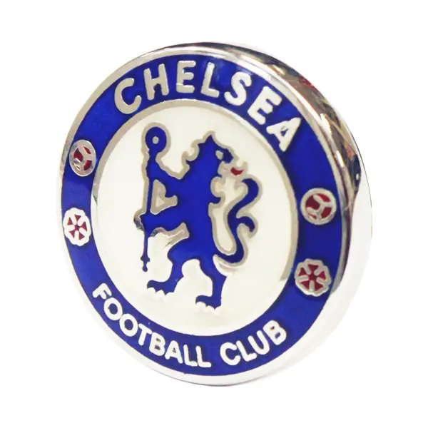 Die stamped, silver plated Chelsea FC badge with enamel inlay.