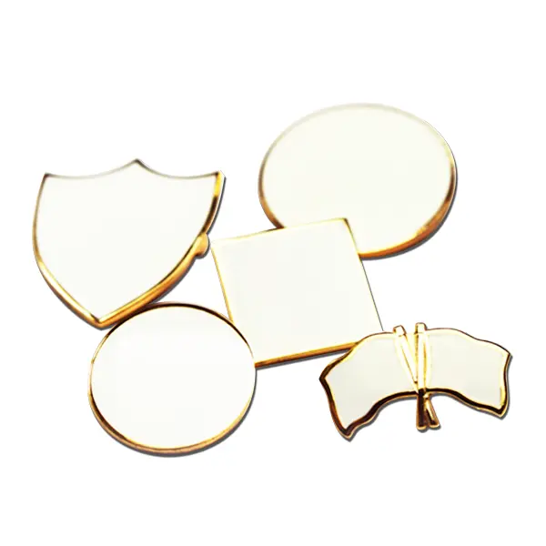 Die stamped gold or silver plated Badges in various different shapes.