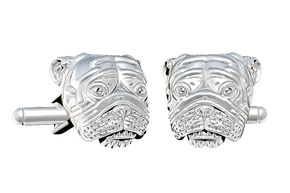 CAD render of bulldog cufflinks in sterling silver