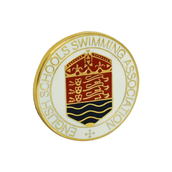 Die stamped, gold-plated badge featuring the English Schools Swimming Association crest with enamel inlay.