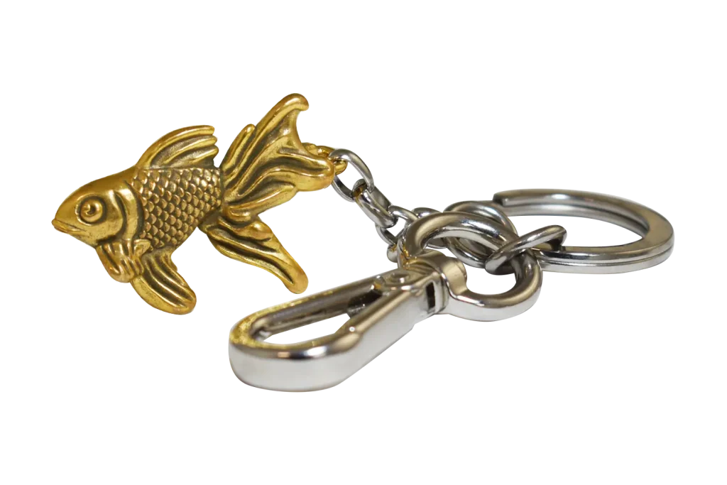 Complete die cast, gold plated goldfish keyring with contrasting silver-plated components