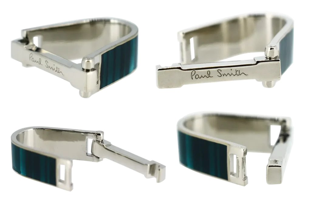 Hinged stirrup cufflinks consist of a curved stirrup with a hinged bar set.