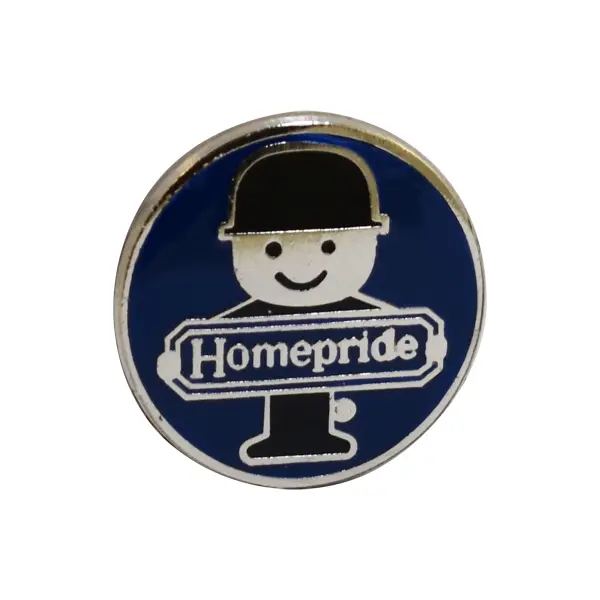 Die stamped, silver-plated Homepride pin badge with enamel inlay.