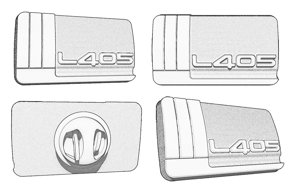 Jaguar Land Rover L405 pin badge sketches with clutch fitting.