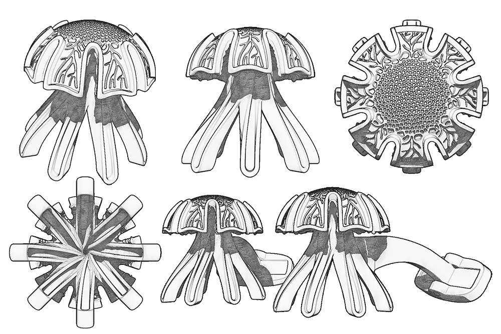 Jellyfish custom cuff-link design sketches from different viewpoints