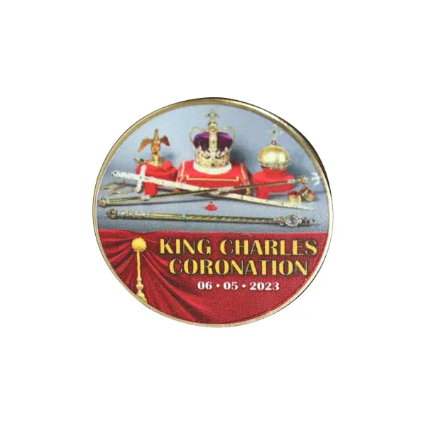 Die stamped, gold-plated stock badge with enamel inlay and unique digital artwork print.