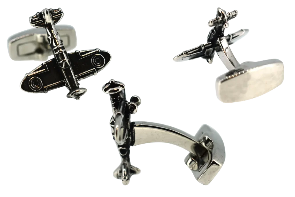 Die cast, Spitfire cufflinks with whale tail swivel fittings.